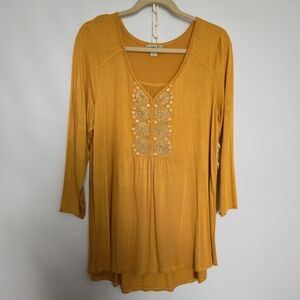 ONE WORLD TUNIC TOP WOMENS GOLD MUSTARD YELLOW EMBROIDERED SIZE XL NWT